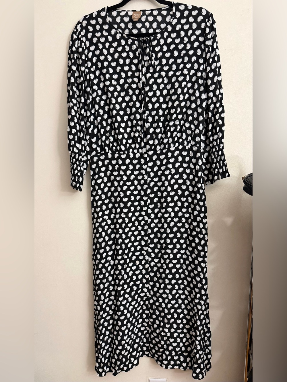Boss Black and White Printed Tie-Neck Midi Dress